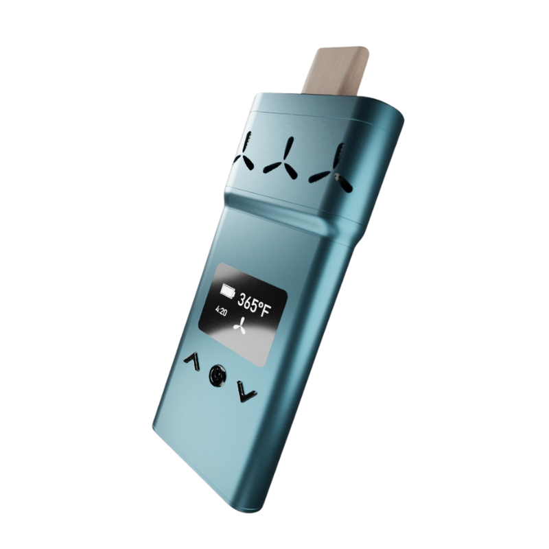 X Royal Blue portable dry herb vaporizer with OLED screen displaying 365°F temperature and royal blue metallic finish