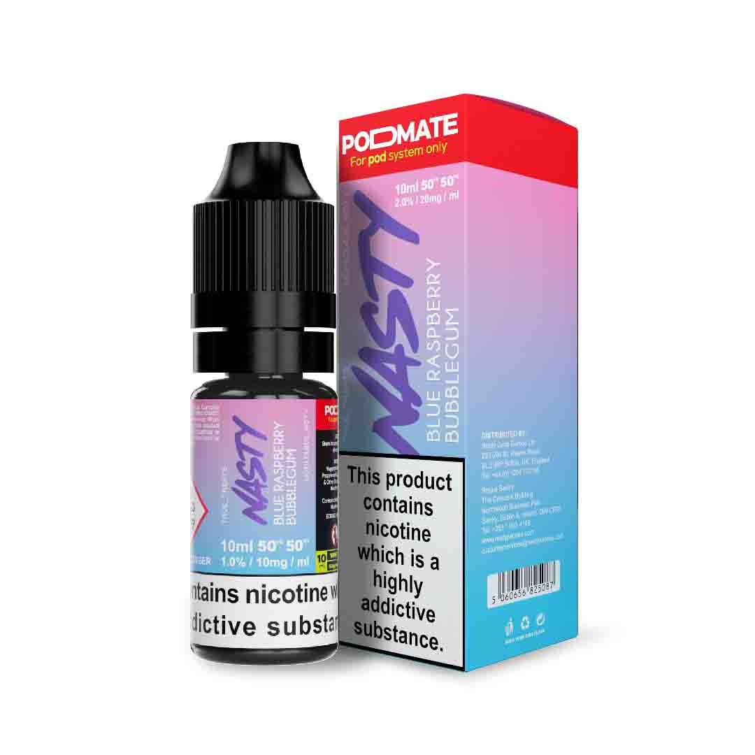 Nasty Blue Raspberry Bubblegum vape juice bottle and packaging on a white background