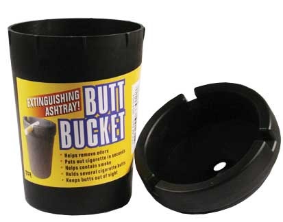 Butt Bucket Ashtray – Portable, odor-controlling cigarette disposal container.