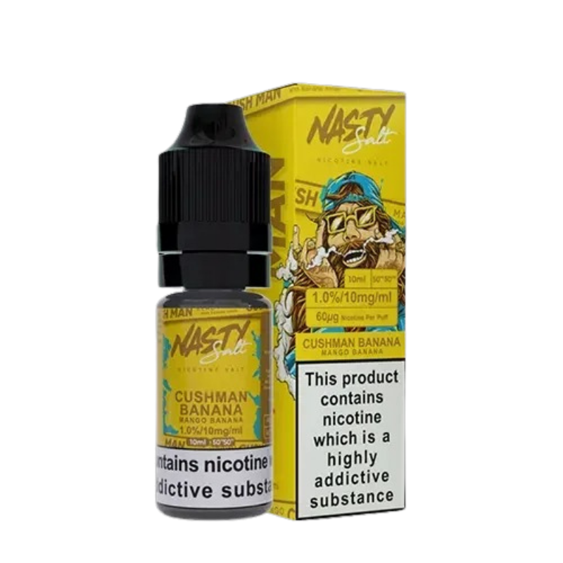 Nasty Juice Cushman Banana vape juice bottle and packaging on a white background