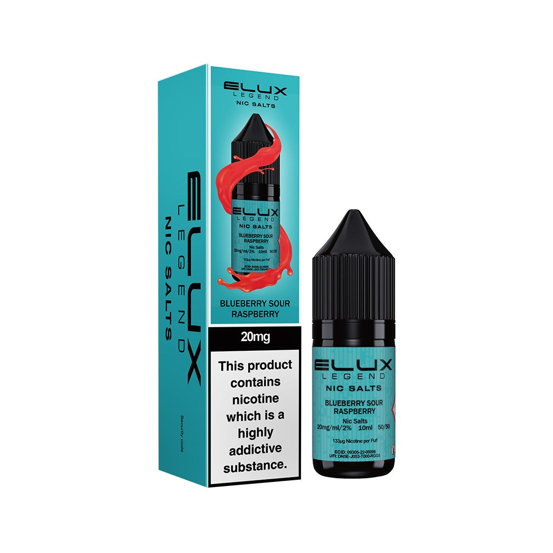Ellux Legend Nic Salts Blueberry Sour Raspberry vape juice bottle and packaging on a white background