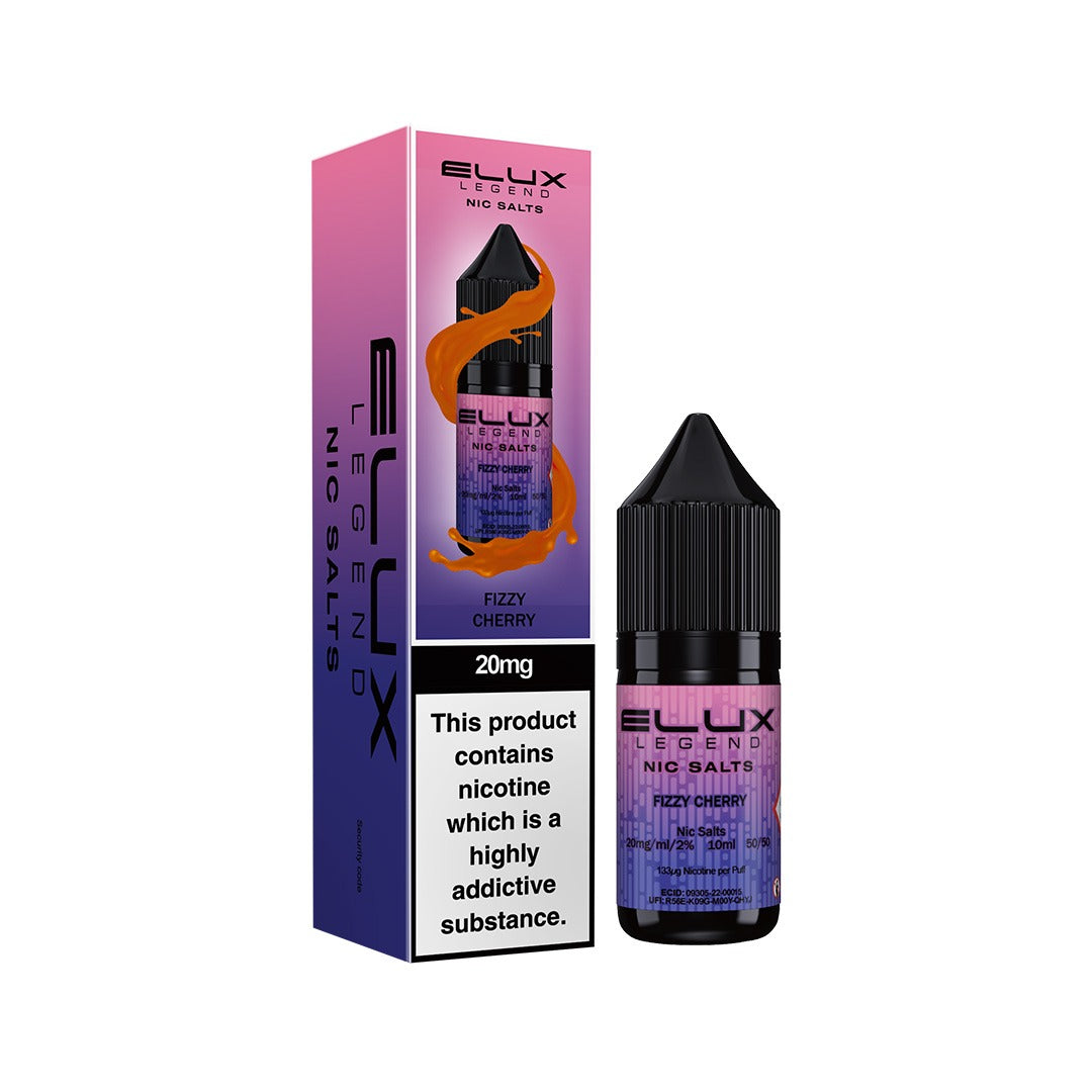 E-Lux Legend Nic Salts Fizzy Cherry vape juice bottle and packaging on a white background