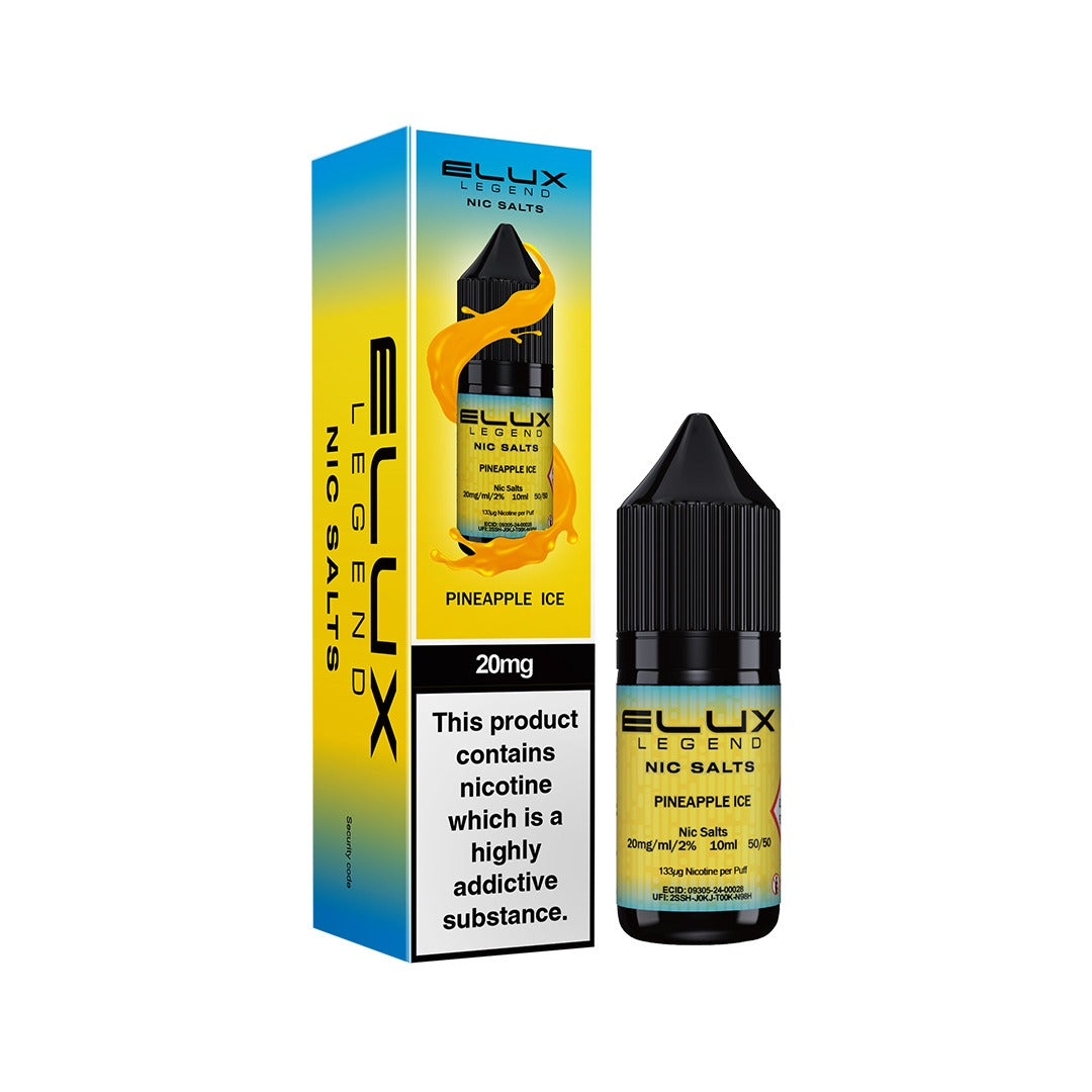 Ellux Legend Nic Salts Pineapple Ice vape juice bottle and packaging on a white background