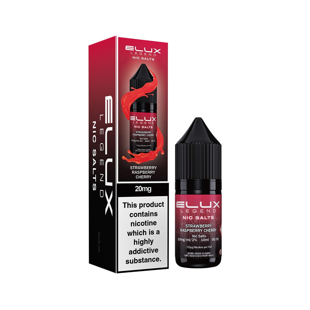 Elux Legend Strawberry Raspberry Cherry Nic Salt E-Liquid 10ml bottle and packaging – fruity vape juice blend with smooth nicotine salts