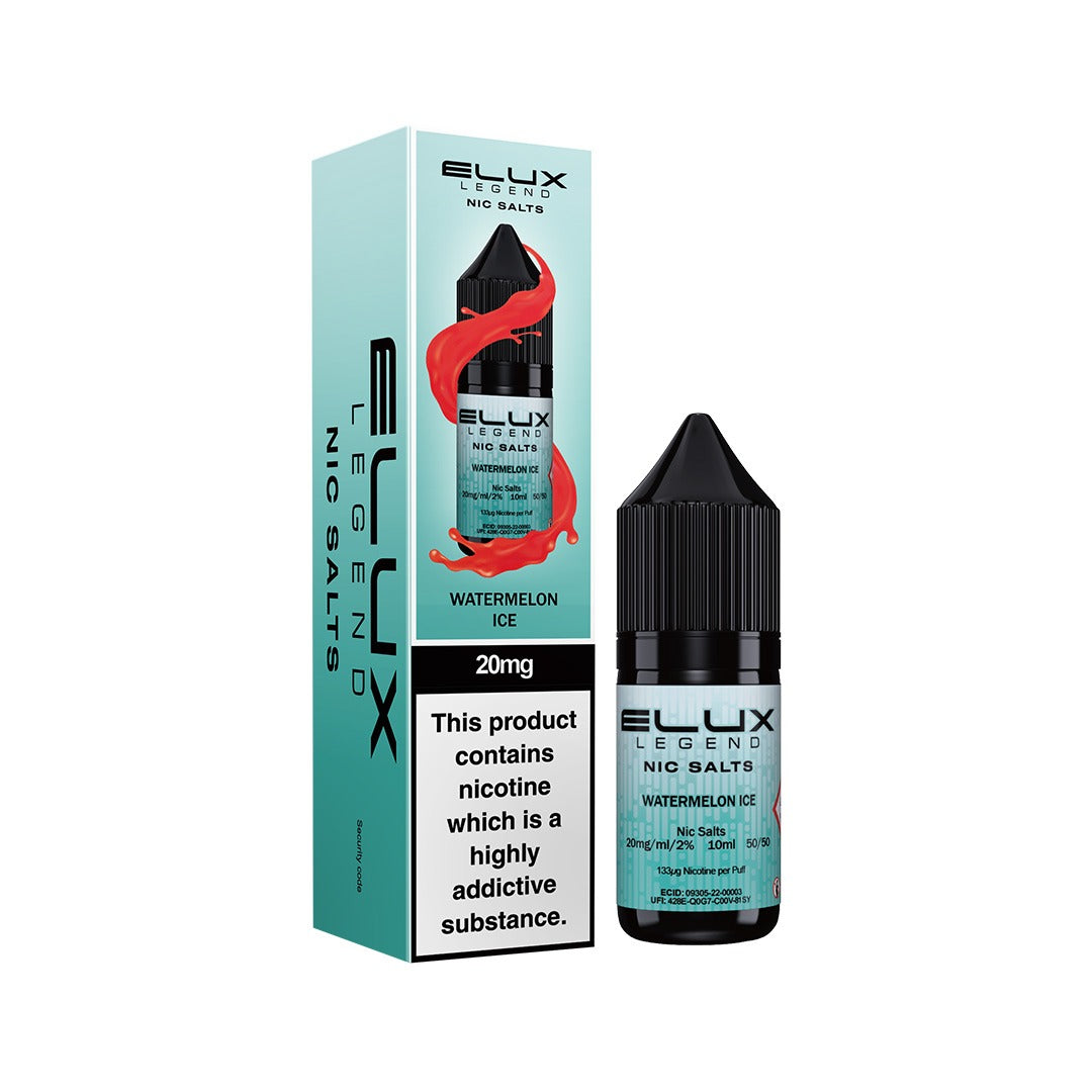 Ellux Legend Nic Salts watermelon ice vape juice bottle and packaging on a white background
