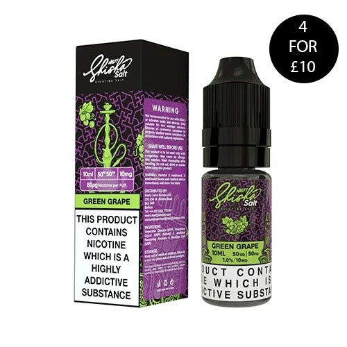Vape juice bottle and packaging with 'Green Grape' flavor on a white background