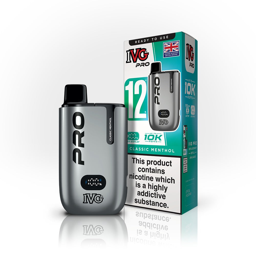 IVG Pro vaping device and packaging on a white background