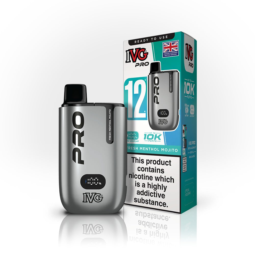 IVG Pro vaping device and packaging on a white background