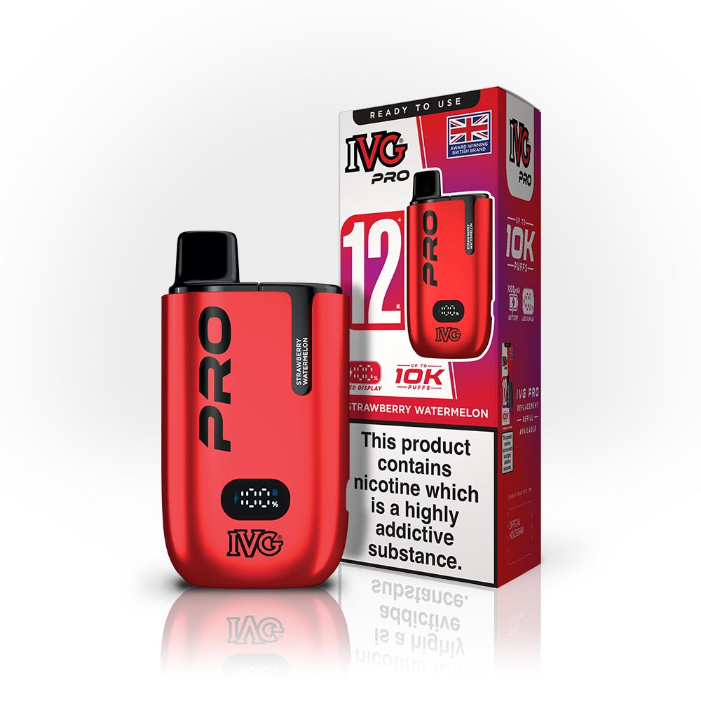 Red IVG Pro vaping device with packaging on a white background