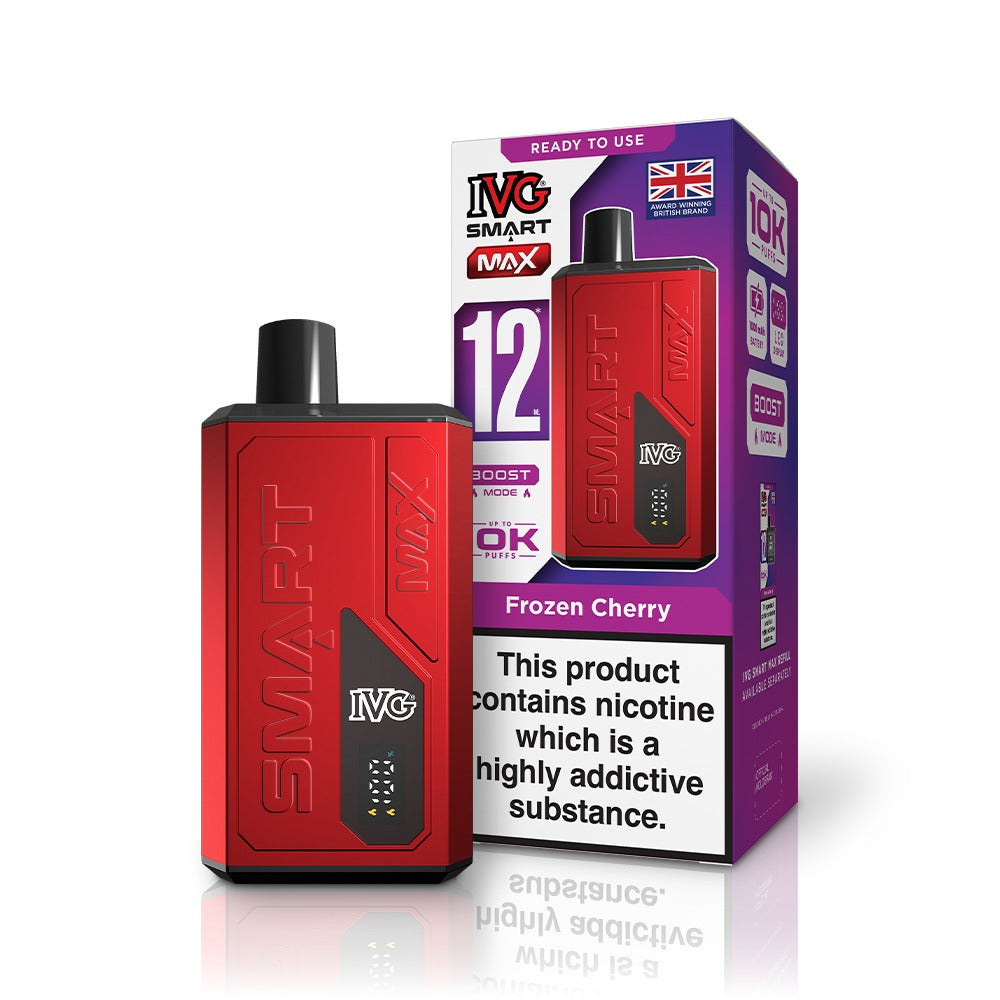 Red IVG vaping device with packaging on a white background