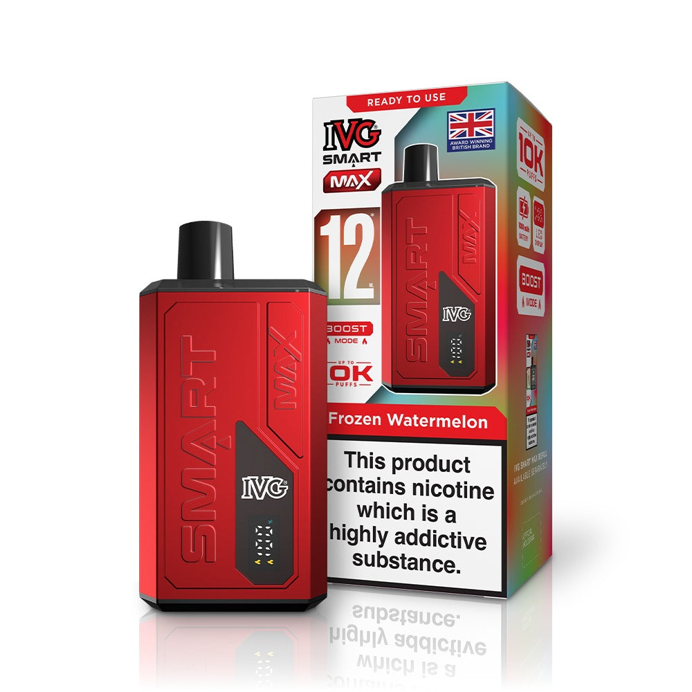 Red IVG vaping device with packaging on a white background