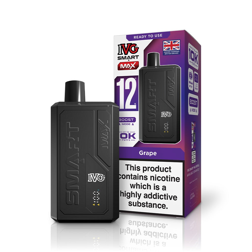 IVG SMART MAX Grape Starter Kit vape device – 12mg nicotine disposable pod system with rechargeable battery and rich grape flavor by IVG UK.