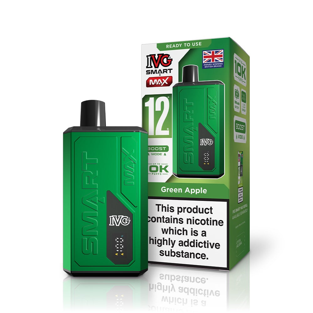IVG SMART MAX Green Apple Starter Kit vape device and box – 12ml 10,000 puffs rechargeable pod system with smart display and 1000mAh battery