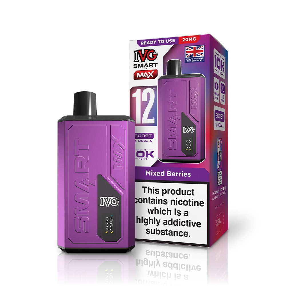 Purple IVG vaping device with packaging on a white background
