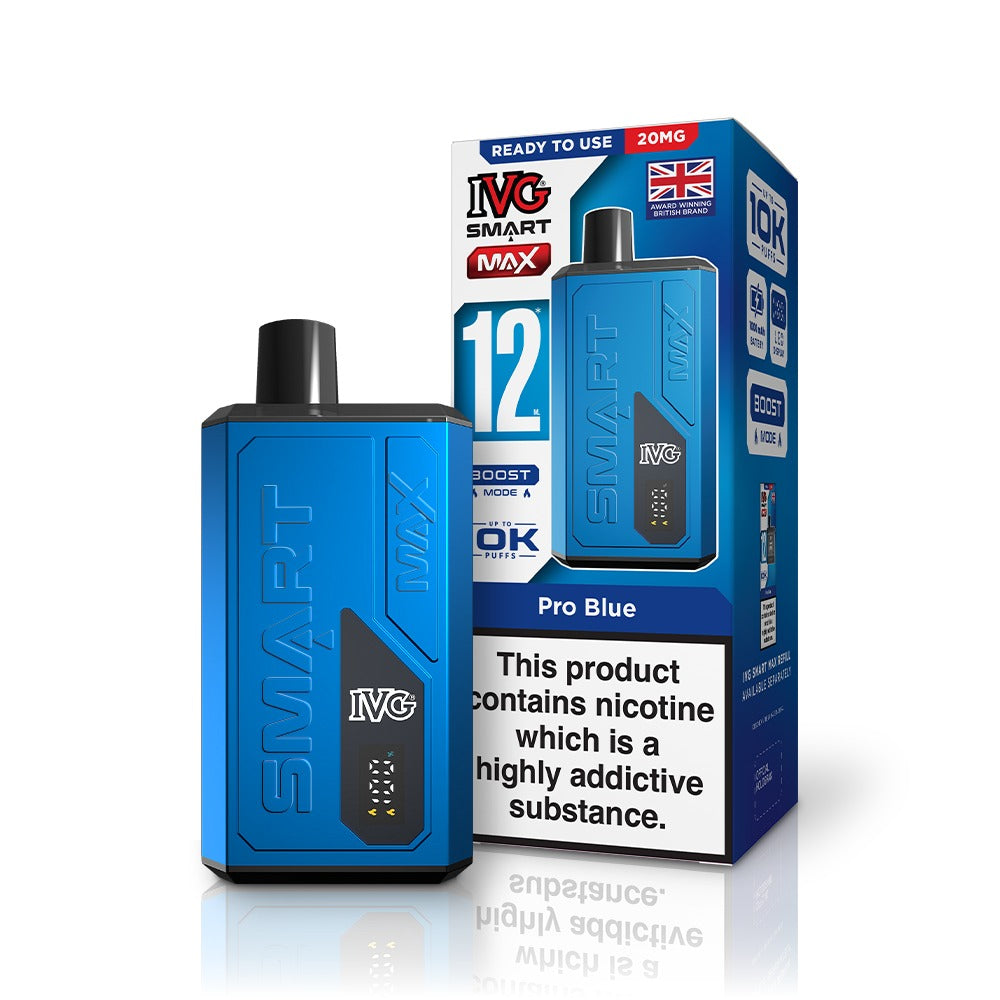 Blue IVG vaping device and packaging on a white background