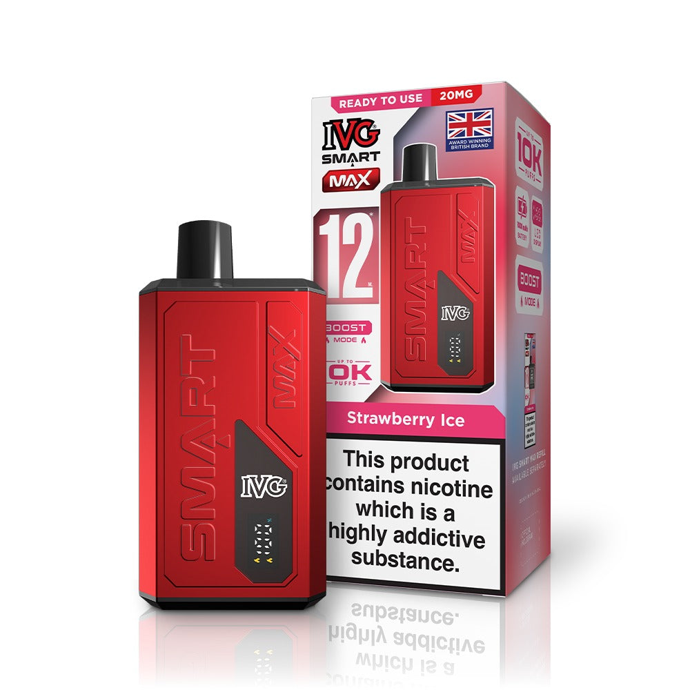 Red IVG vaping device with packaging on a white background