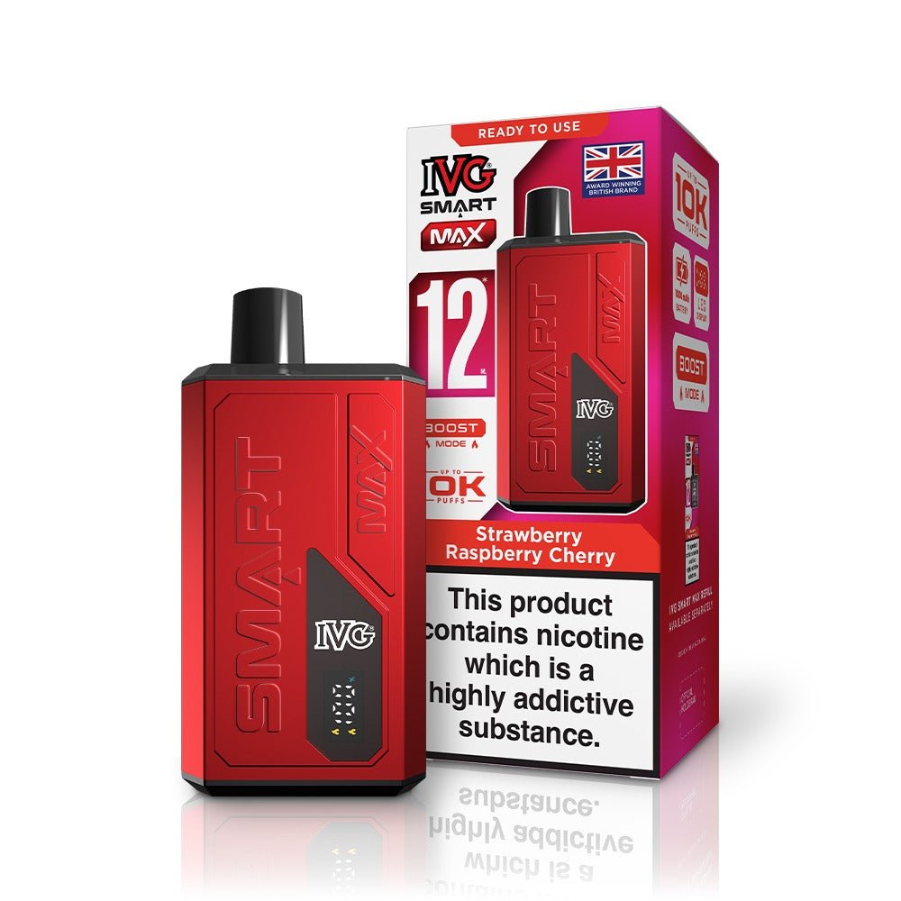 Red IVG vaping device and packaging on a white background