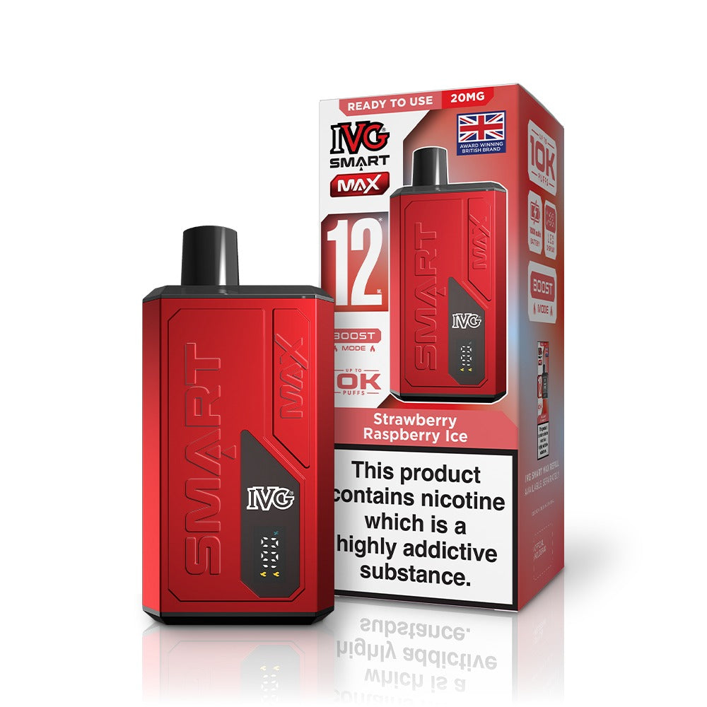 Red IVG vaping device and packaging on a white background