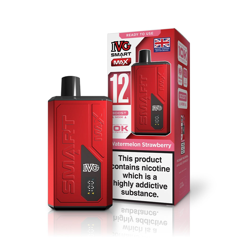 Red IVG vaping device and packaging on a white background