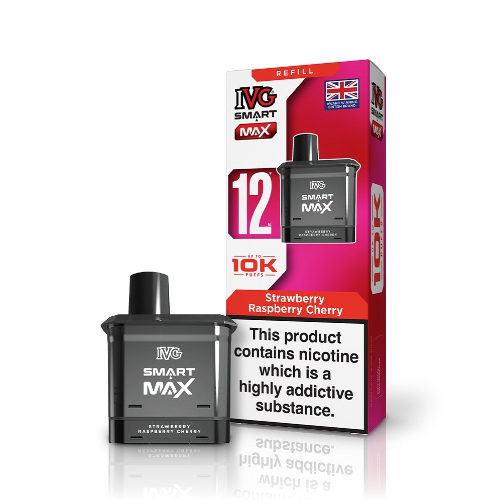 IVG Smart Max refill packaging with strawberry raspberry cherry flavor on a white background