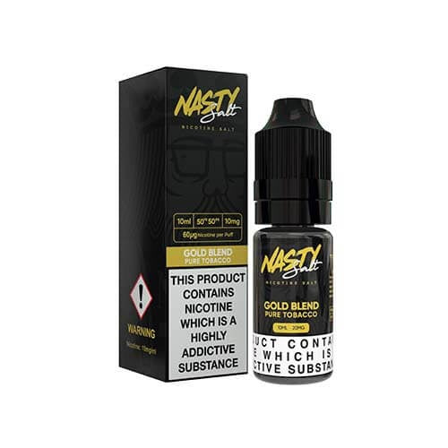 Nasty Gold Blend nicotine salt packaging and bottle on a white background