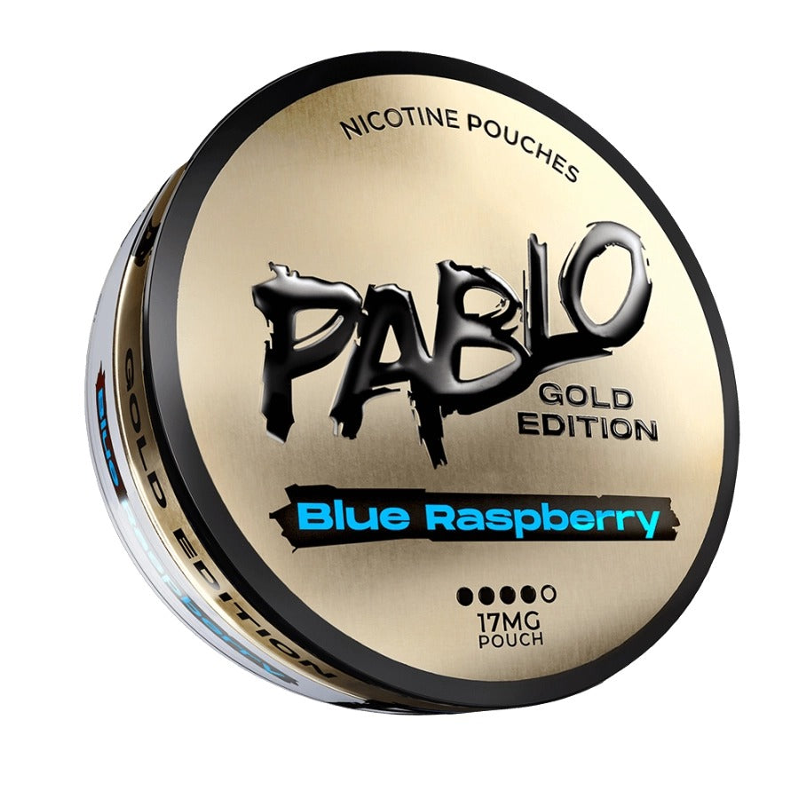 Pablo Gold Edition nicotine pouches container with blue raspberry flavor on a white background