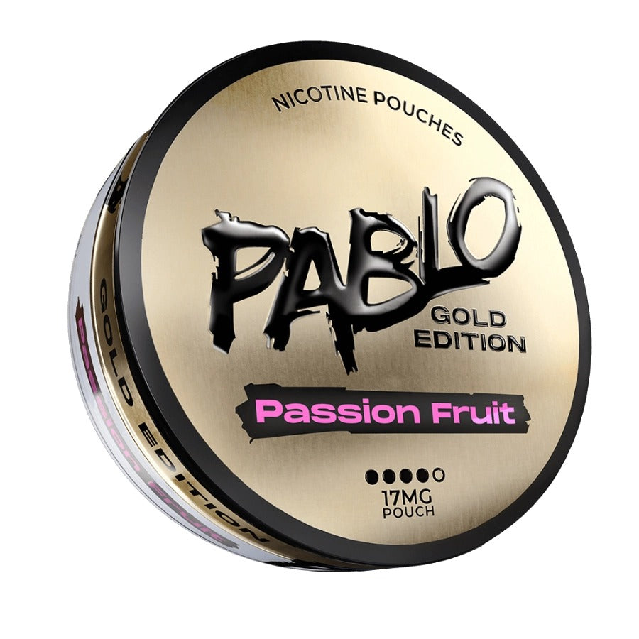 Pablo Gold Edition nicotine pouches container with 'Passion Fruit' flavor on a white background