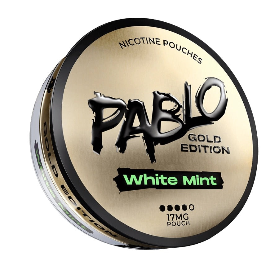 Pablo Gold Edition White Mint nicotine pouches container on a white background