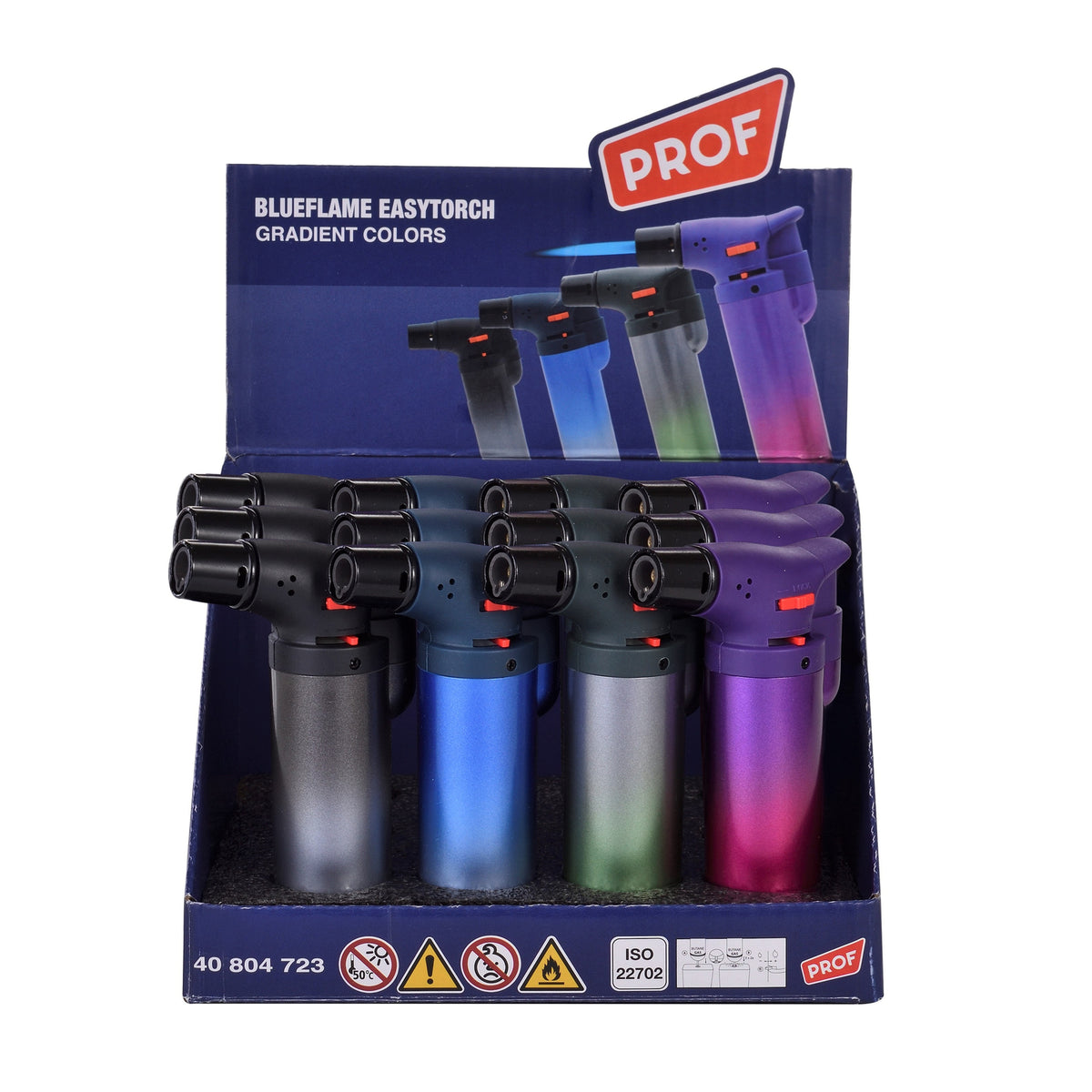 Display of Blueflame EasyTorch lighters with gradient colors in a PROF branded box.