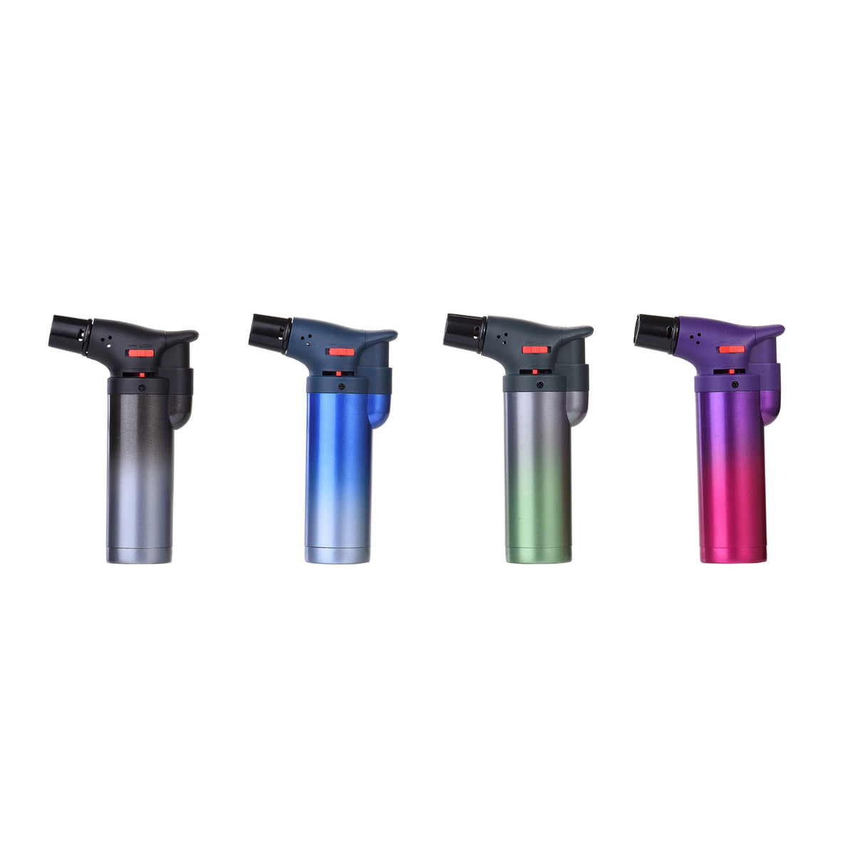 Four gradient-colored butane lighters on a white background