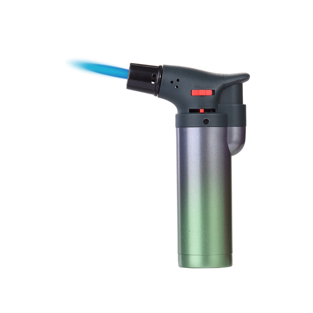 Butane lighter with blue flame on a white background