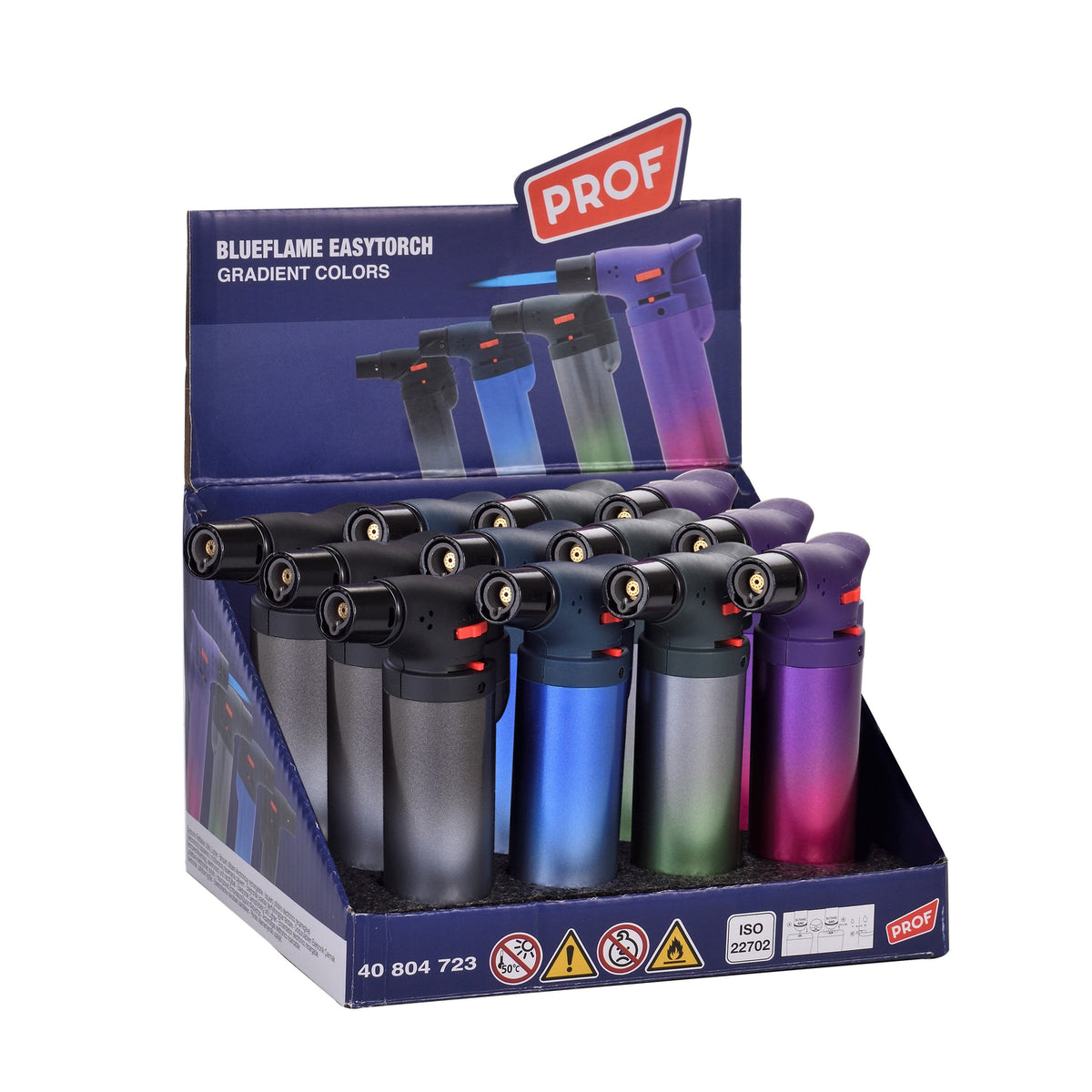 Display of Blueflame Easytorch lighters with gradient colors in a PROF branded box.
